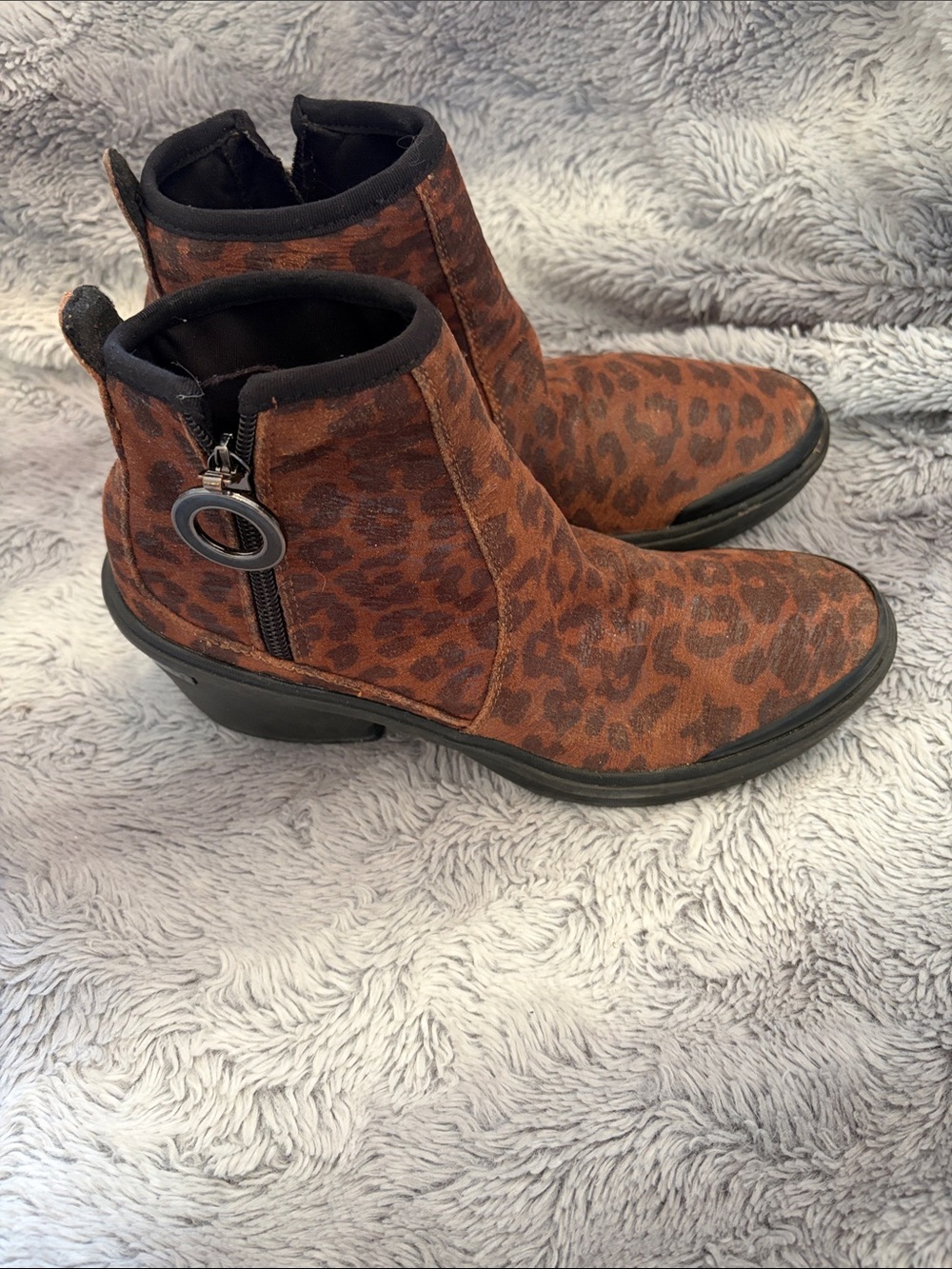 Bzees Leopard-Print Ankle Booties in Brown and Black Trim